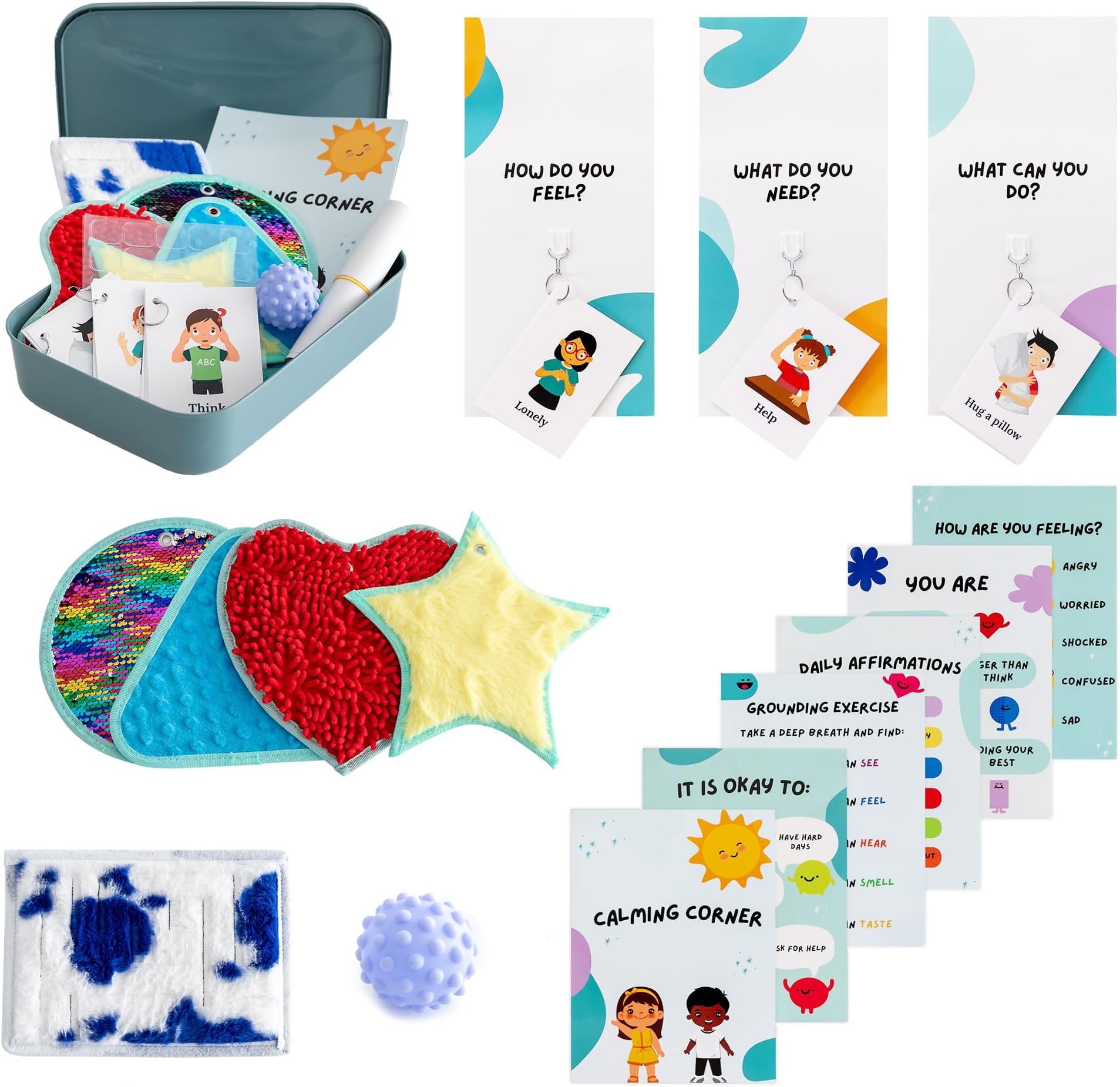 Calm Down Corner | Perfect for Classrooms | Sensory Calming Kit With Items for Kids | Education Corner With Posters, Solutions Wall, Sensory Toys, Fidget Tools | Special Education