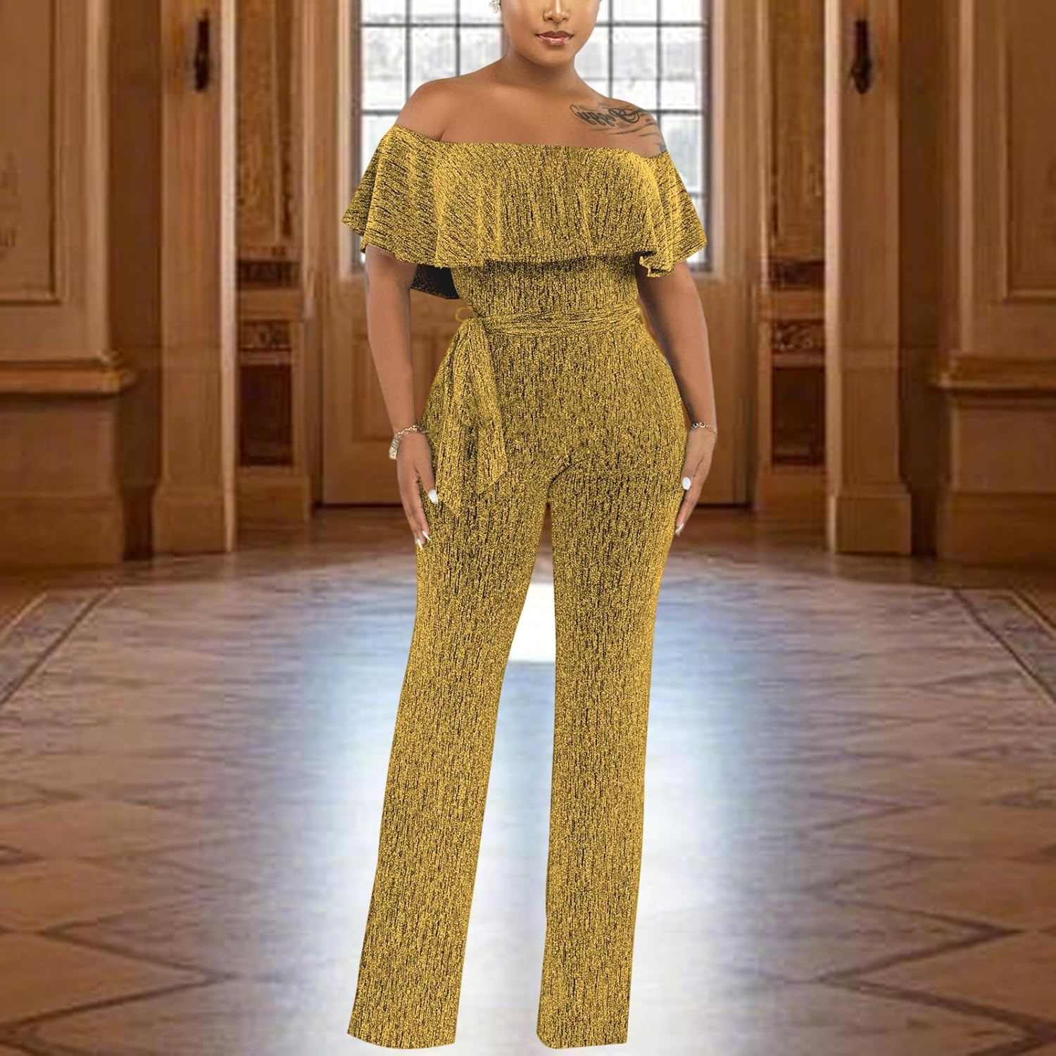 Women's Sexy Sparkly Classy Jumpsuits Casual Off Shoulder Loose Wide Leg Pants Clubwear Party Rompers - Image 4