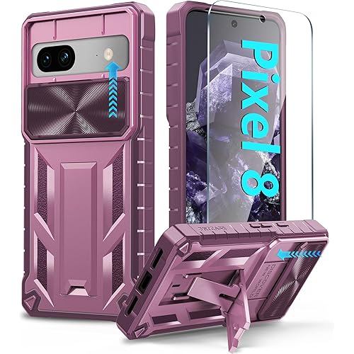 FNTCASE for Google Pixel-8 Phone Case: Military Grade Drop Protection Cell Phone Cover with Kickstand & Slide | Rugged Shockproof Protective Bumper Textured | Heavy Duty Protector(Rose Pink)