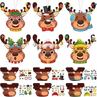 Pasimy 48 Pcs Christmas Crafts Kits for Kids Christmas Reindeer Ornament Crafts DIY Reindeer Ornament Kit Make Your Own Reindeer Craft Stickers for Holiday Xmas Classroom Party Favors