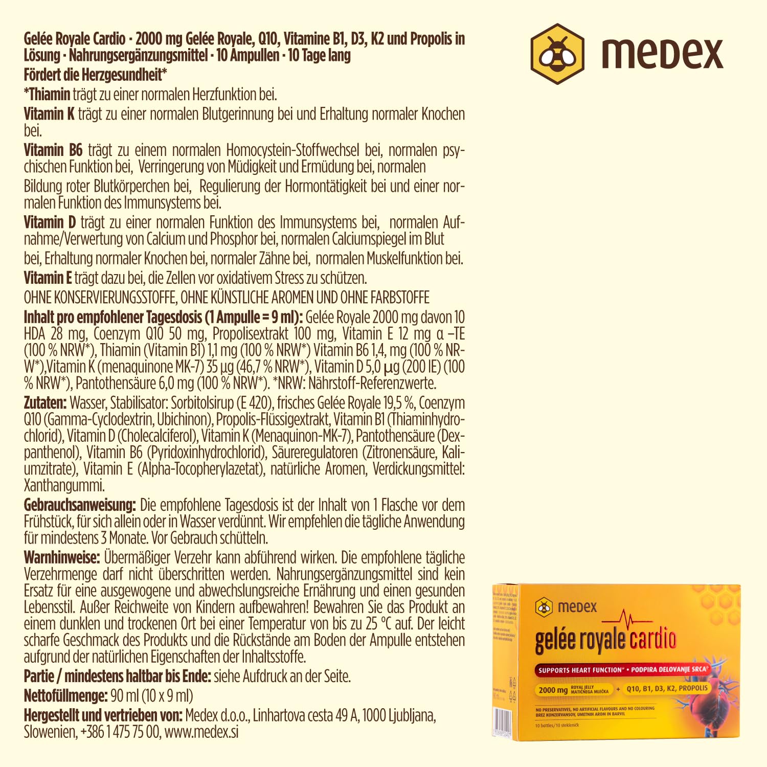 Medex Gelée Royale Cardio 2000 mg - Herz-Vitamine - Mit Gelee Royal, Q10, Vitaminen B1, D3, K2 & Propolis - Nahrungsergänzungsmittel - 10 Ampullen - 10 Tage