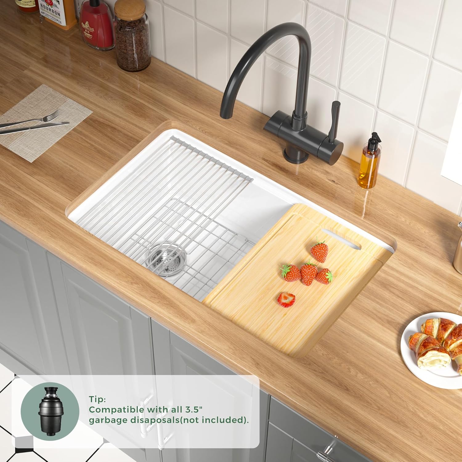 Offset Drain White Fireclay Undermount Workstation Kitchen Sink 30 Inch, Topmount White Undermount Sink 30''x19''x10'' Drop In, Deep Single Bowl Heavy Duty, Dual Mount, for Kitchen, Island