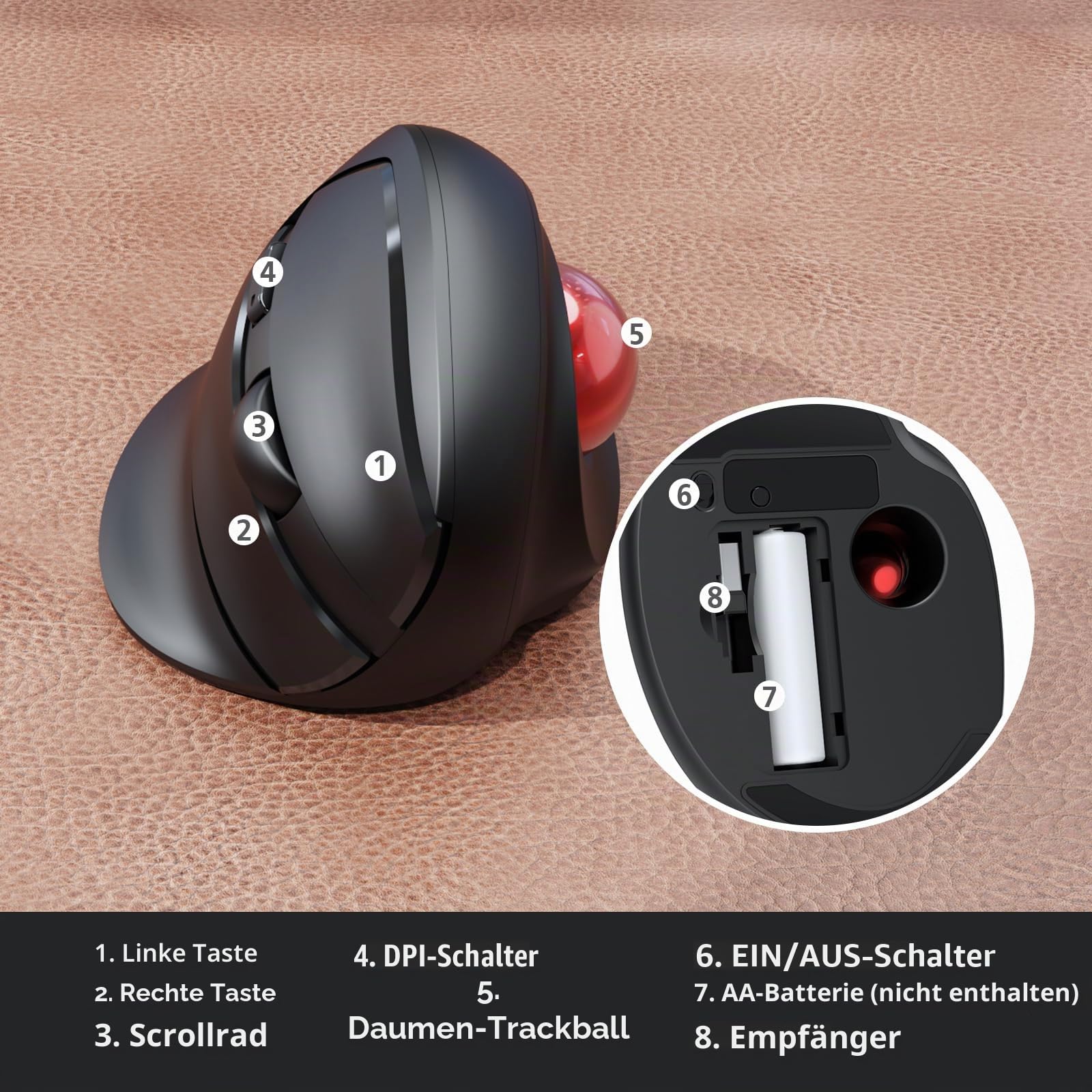 MicroPack Wireless Trackball Maus, 2023 Upgrade Ergonomische Vertikale Rollerball Computermaus, 3 Einstellbare DPI, Einfache Daumensteuerung für PC, Laptop, Mac, Windows - Schwarz