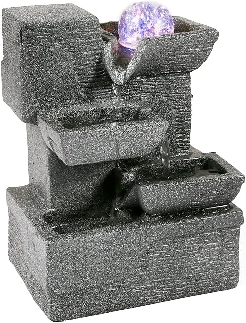 Dyna-Living Tabletop Water Fountain,Environmental Resin Meditation Fountain,Desktop 3-Tier Fountain,Indoor Waterfall Feature with Crystal Ball and Light for Home Office Decor Relaxation 6''X4''X8''