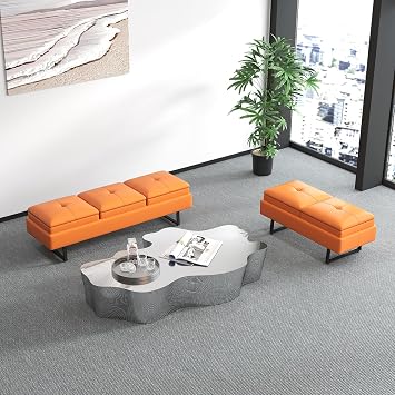 KINTNESS 5-Seat Reception Chairs - Waiting Room Chair with Thickened Cushion PU Leather Living Room Bench Lobby Furniture for Office Salon Lobby, Orange, 2 Seat + 3 Seat