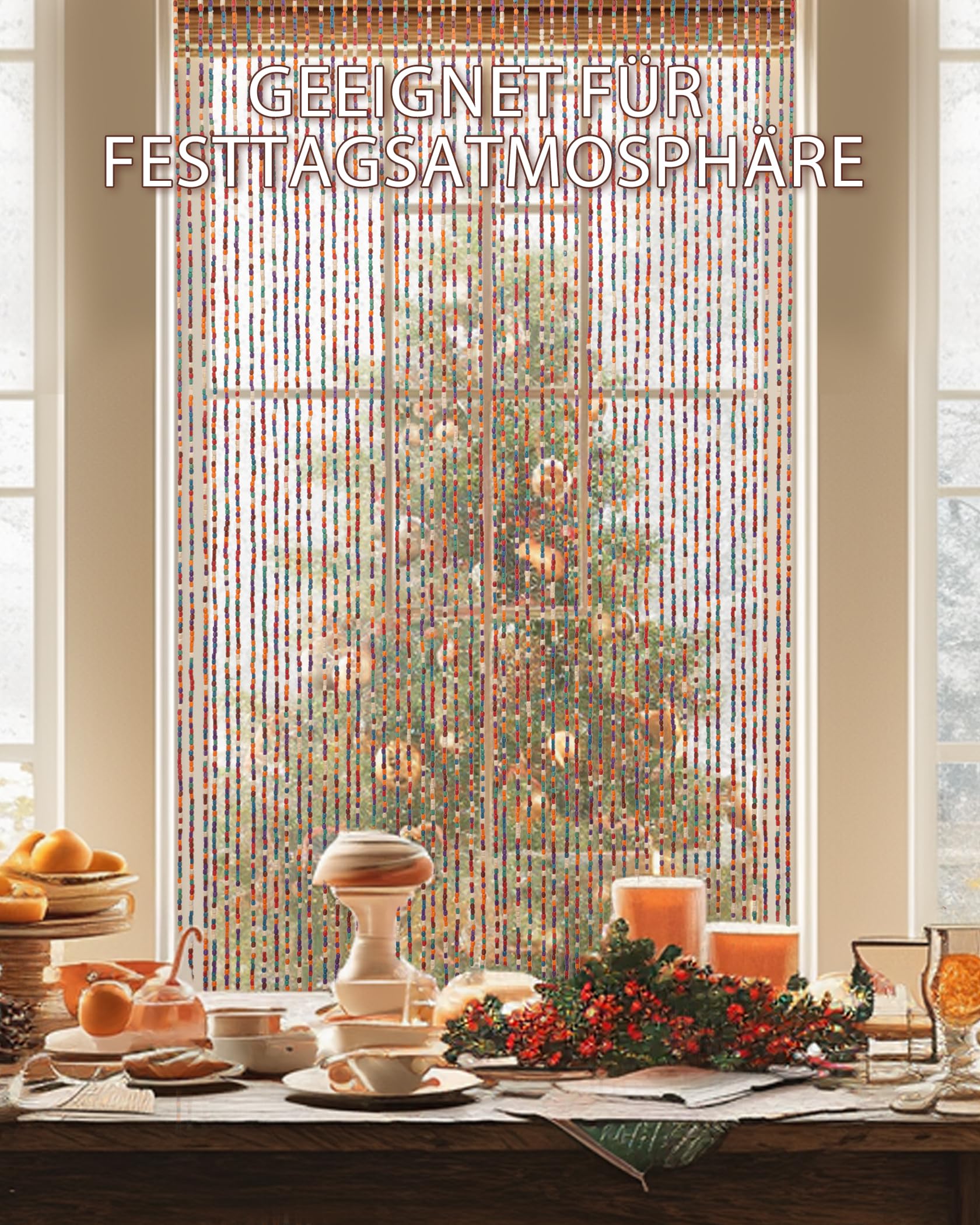90 * 200cm Perlenvorhang Türvorhang 52 Stränge Bunt Holzperlenvorhang als Bohemian-Stil Dekoration und Insektenschutz, Handarbeit Perlenvorhang für Fenster, Tür, Zimmer