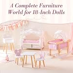 ROBUD Wooden Doll Rocking Crib with Adjustable Canopy & Bedding Set, Ballet Style Baby Doll Bassinet for 18 Inch Dolls, Sturdy Doll Bed with Safe Rounded Edges, Doll Furniture for Girls Pretend Play