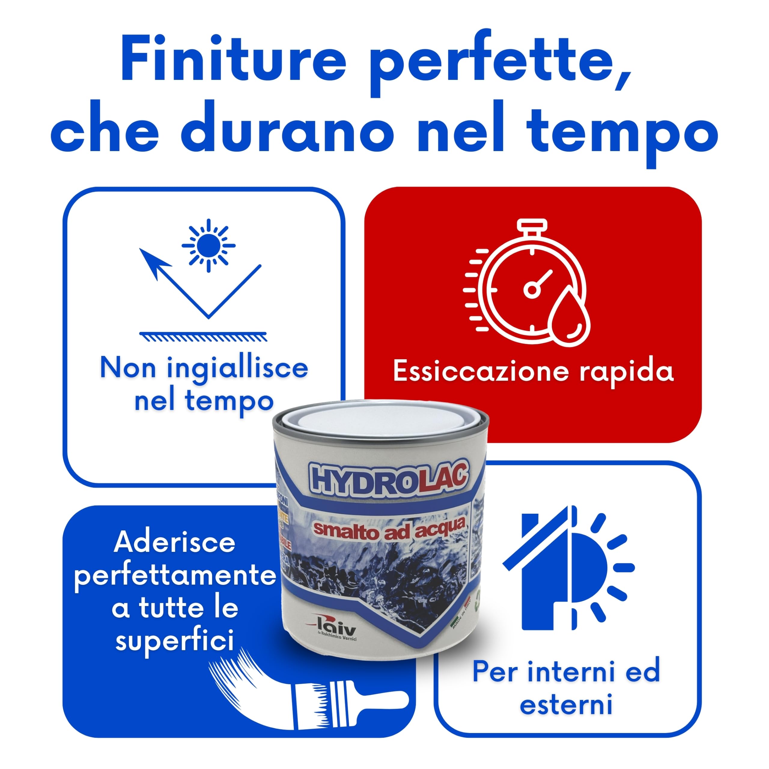 laiv Smalto Acrilico all'Acqua per Interni ed Esterni – 2,5 LITRI - Inodore, Rapida Essiccazione, Non Infiammabile – Uso Professionale Ecologico - Hydrolac - Bianco Lucido