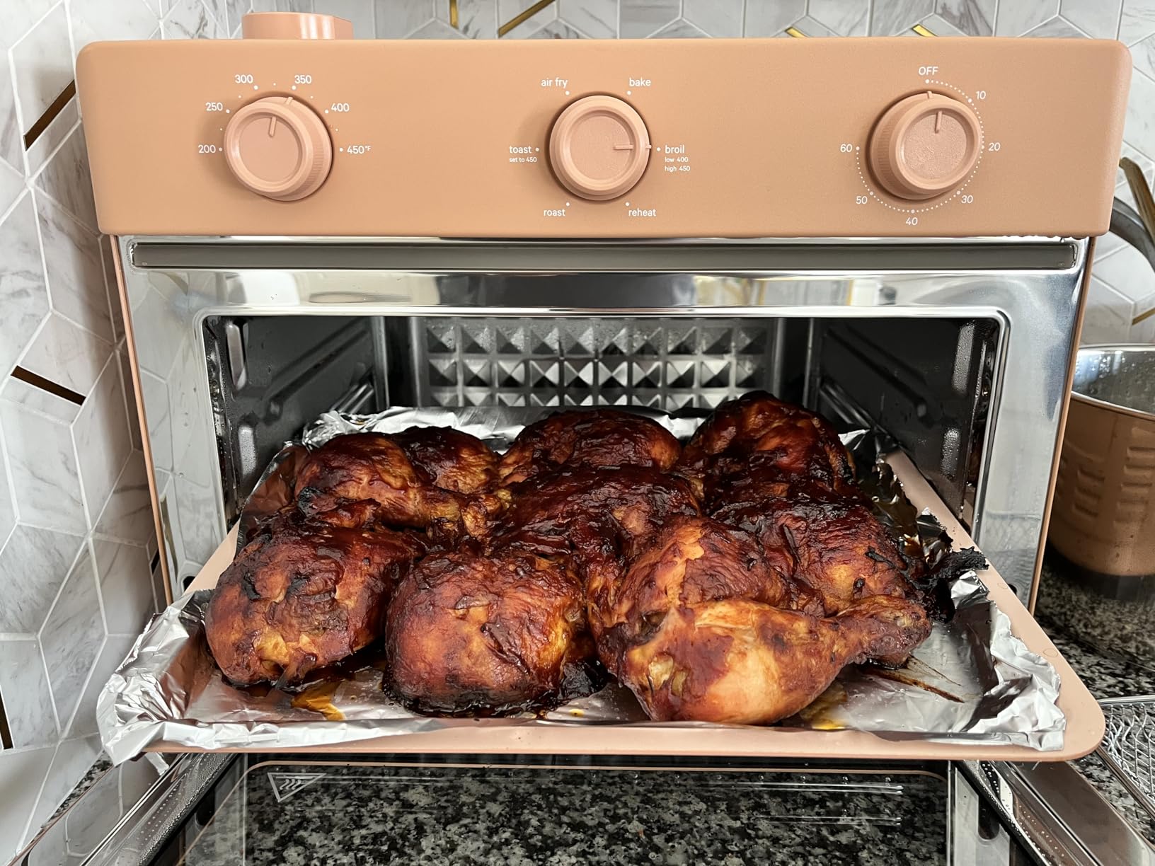 Our Place Wonder Oven | 6-in-1 Stainless Steel Air Fryer Toaster Oven Combo with Basket. Rack. Pan & Tray | Compact 13 QT Countertop Capacity - Toast. Roast. Bake. Reheat. Broil & Steam | Blue Salt photo review