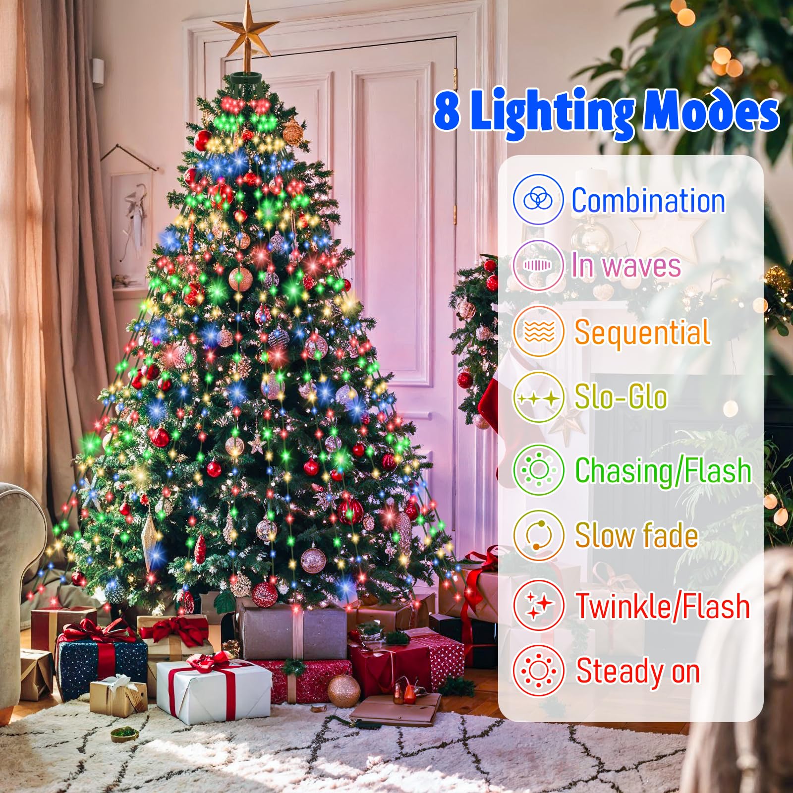 Isisyu Christmas Tree Lights, 480 LED 3M x 16 Lines Xmas Tree Lights Plug in with 8 Modes/Timer/Memory - Image 2