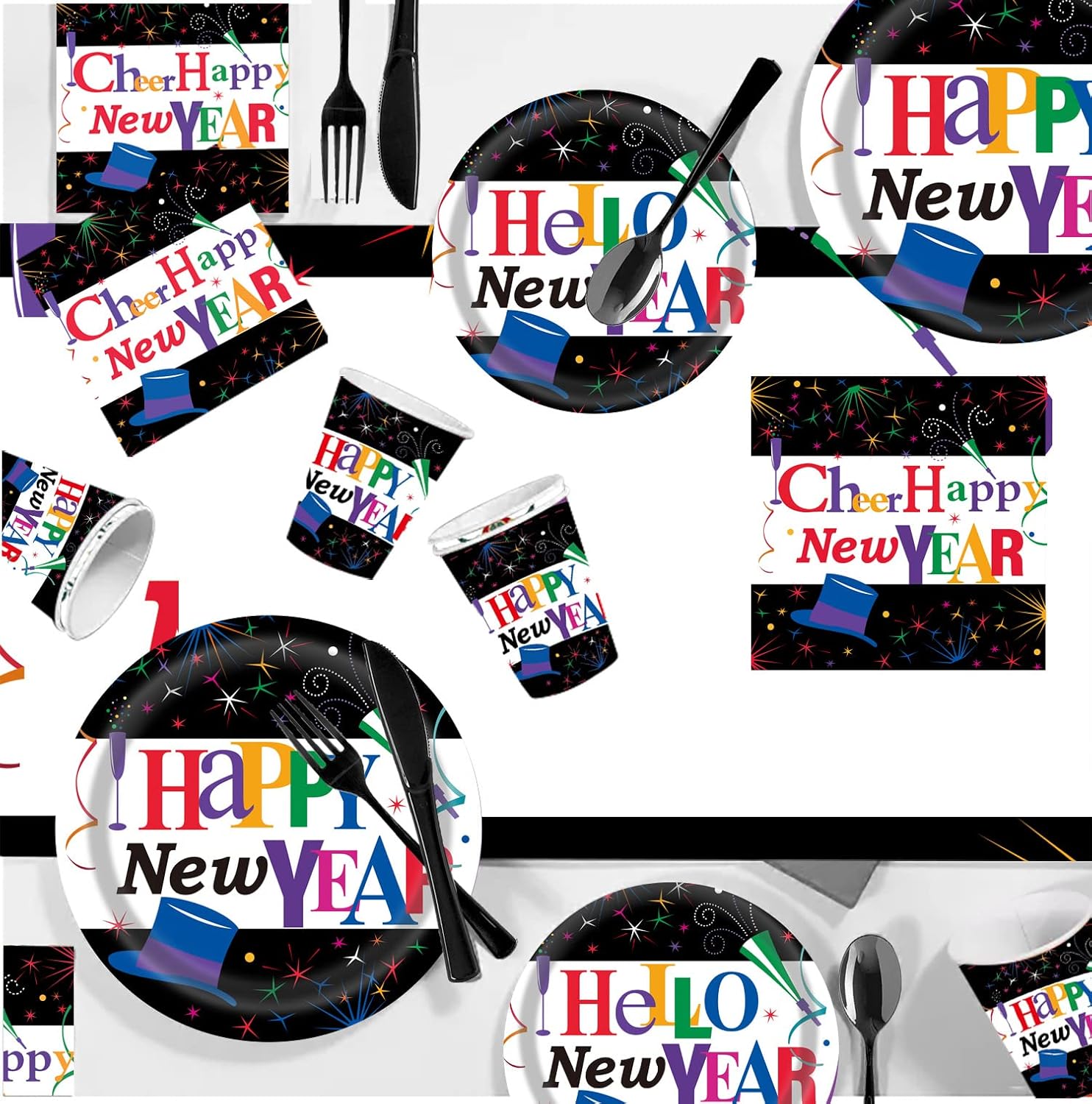 Black Happy New Year Party Supplies Tableware Set - 2025 New Year Party Celebration Dinner Plates and Round Dessert Party Plate Serve for 25 Guest