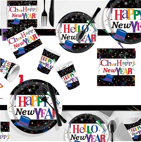 Miniatura 4 de Black Happy New Year Party Supplies - Juego de vajilla para fiesta de Año Nuevo 2024 y plato redondo para fiesta de postre para 25 invitados
