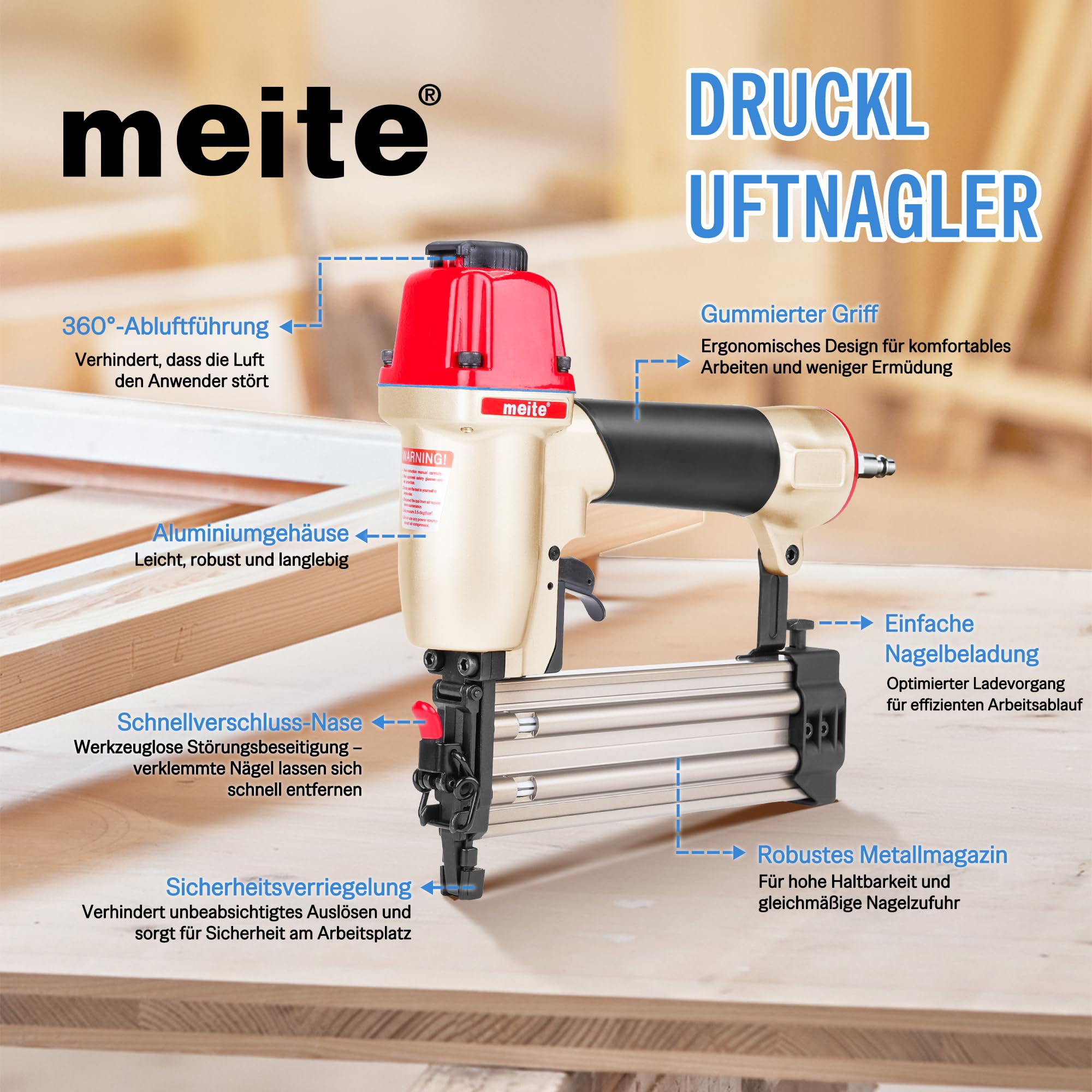 meite F50C Druckluftnagler mit Sicherheitsnase, Druckluft Nagelpistole für Stauchkopfnägel 18GA 15-50mm, Tiefeneinstellung max. 7 bar Stauchkopfnagler, Ideal für Zierleisten, Holzarbeiten
