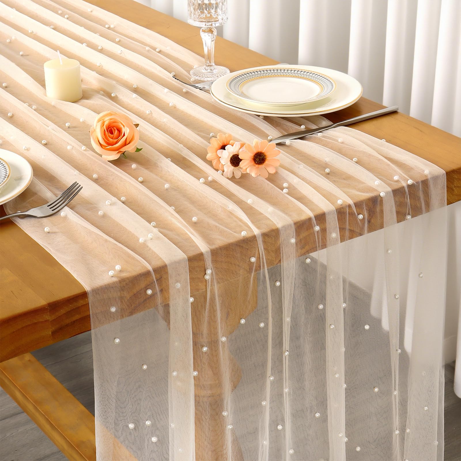 ZYUQFAN Table Runner Pearl Tulle 75x300cm Wedding Table Decoration