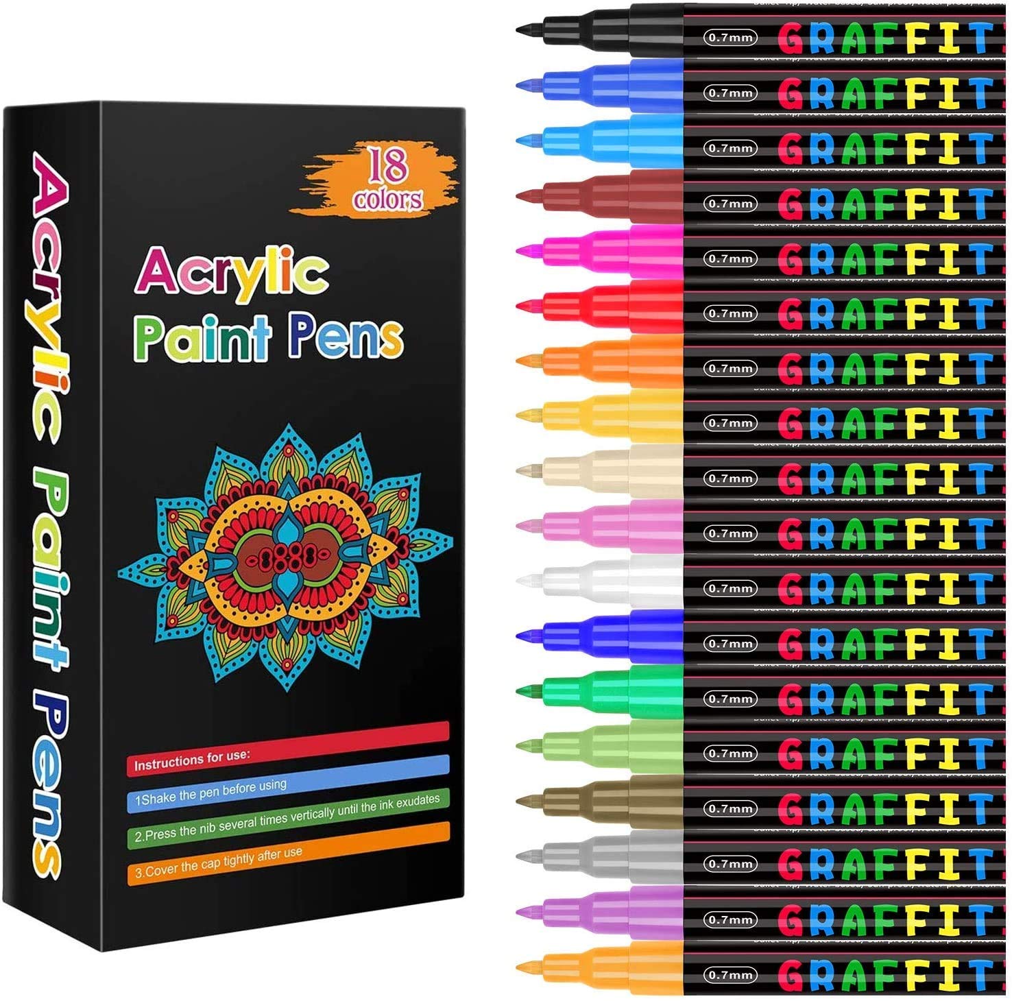 Acrylic Paint Pens,Emooqi Marker Pens for DIY Craft Projects Waterproof Permanent Paint Art Marker for Rock Painting, Ceramic, Glass,Canvas,Mug,Wood,Metal-0.7mm fine tip Single head 18 Colors