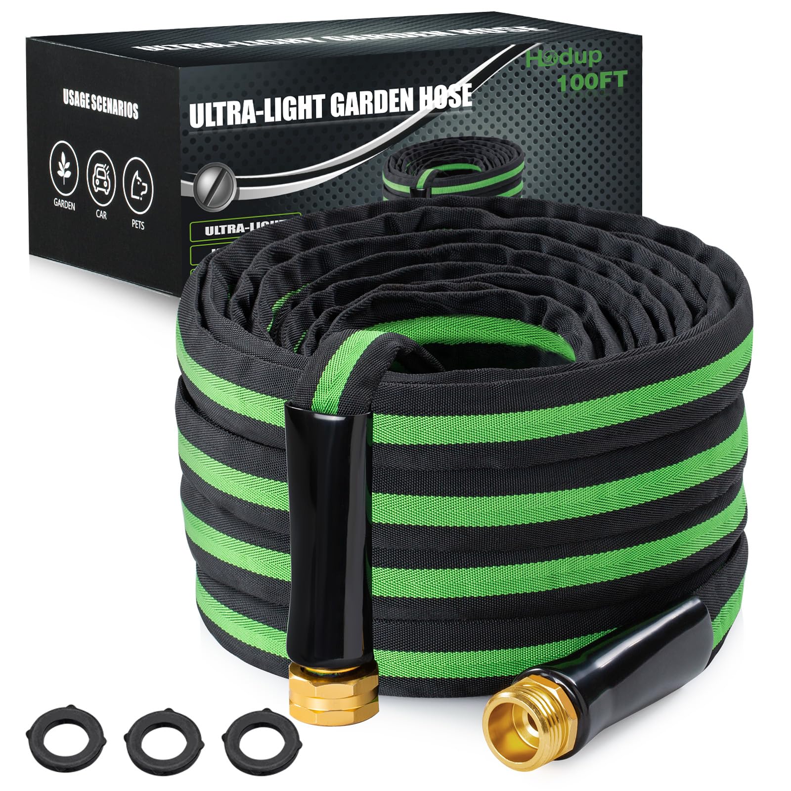 100 Ft Non-Expanding Garden Hose - Lightweight, No-Kink, Flexible With 10 Function Nozzle & Storage Strap