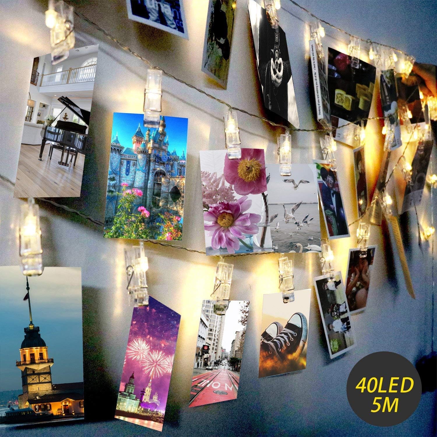 ExqlineLED Photo Clip String Lights 40 Photo Peg Lights 5M Battery Powered Christmas Fairy Lights Perfect for Hanging Photos, Notes, Paintings Card and Memos Indoor Outdoor Decoration - Warm White
