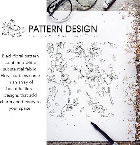 Miniatura 7 de GEOMORRONCCAN - Cortinas 100% opacas de 96 pulgadas de largo para dormitorio, sala de estar, patrón floral negro, aislamiento térmico, ojales en la