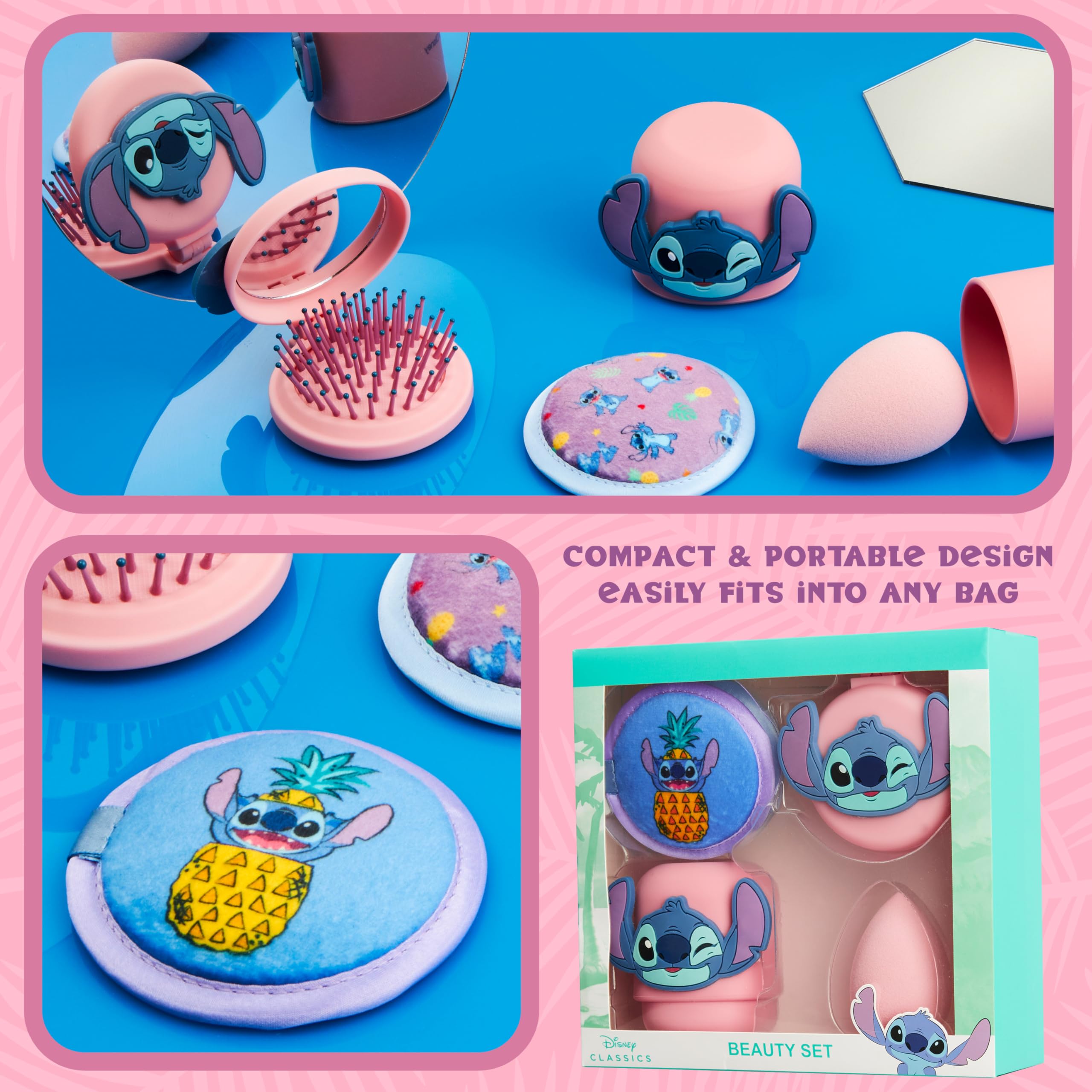 Zestaw akcesoriów do urody Disney Stitch z gąbką do makijażu, wielokrotnego użytku podkładkami do demakijażu i szczotką do włosów do podróży - prezenty Stitch