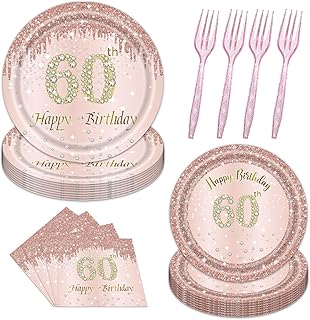 96PCS 60th Birthday Party Tableware Set 60th Birthday Party Supplies 60th Birthday Plates and Napkins 60th Birthday Party Decorations for Women Pink Rose Gold Birthday Plates Napkins Forks Serve 24