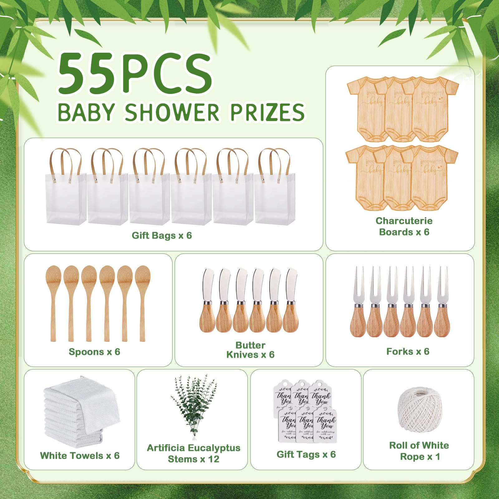 55 premios de baby shower para ganadores del juego, 6 juegos de tabla de queso en forma de body con cucharas, esparcidores de mantequilla, toallas de cocina, bolsas de regalo de novia, regalos de