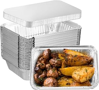 125 PACK Foil Meal Prep Containers with Lid 8.2"×6.1" Disposable Tin Foil Pans 1.88 LB Capacity Aluminum Take Out Food Containers with Cardboard Covers To Go Container for Cooking Baking Freezer