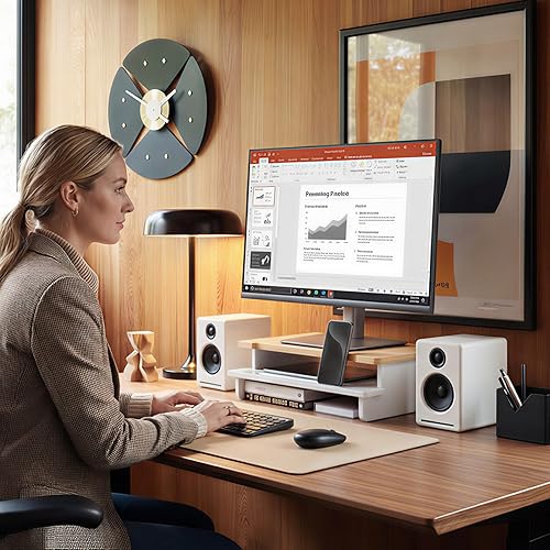 Miniatura 2 de Soporte elevador de monitor para escritorio, estante de escritorio de madera, organizador de almacenamiento con soporte para teléfono y tableta