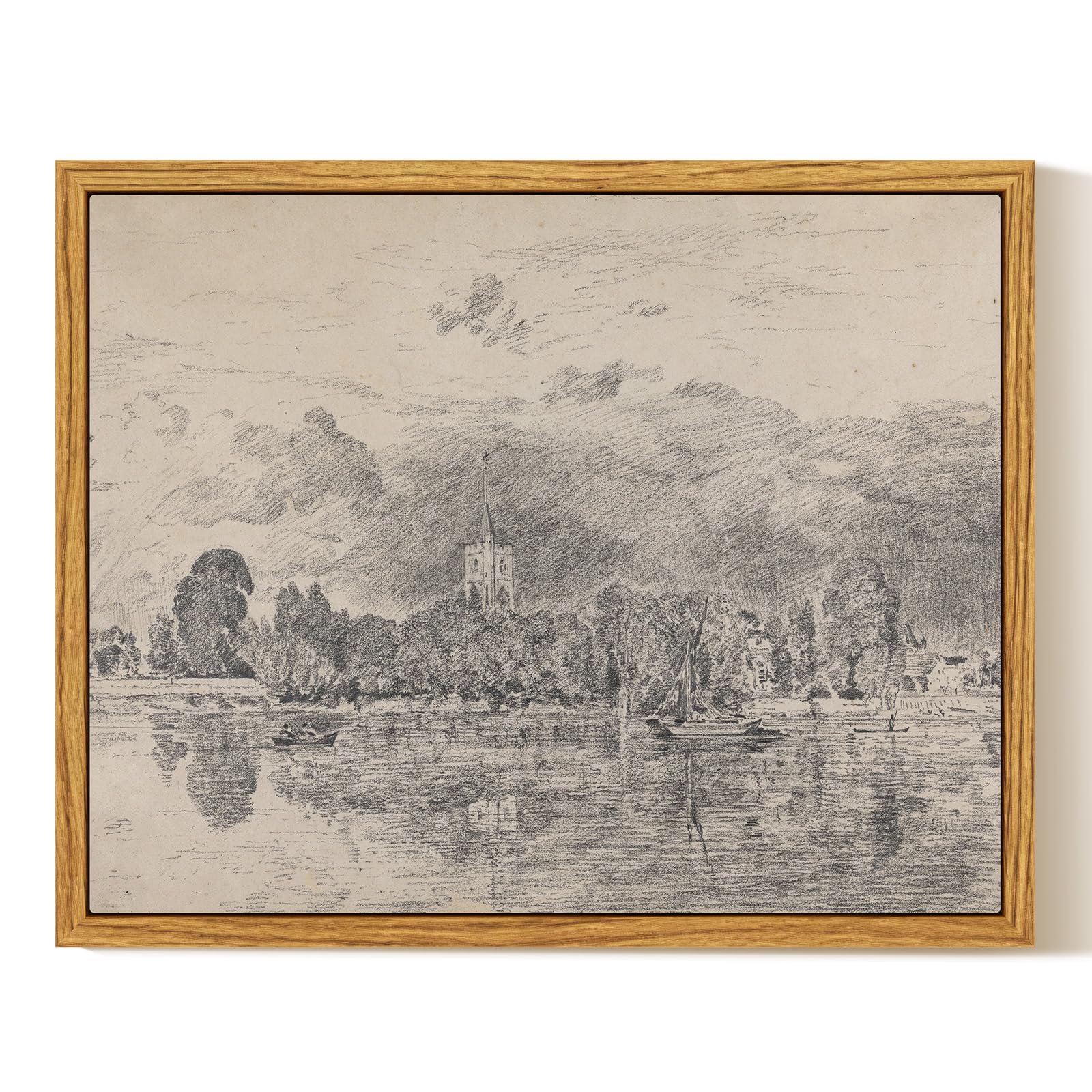 InSimSea Framed Canvas Print Art, Vintage Sketch Church lakeside Landscape Painting, Rustic Farmhouse Cottage Decor for Hallway Wall Floating Shelf Desk Vanity Fireplace,10x8 in, Neutral Tones