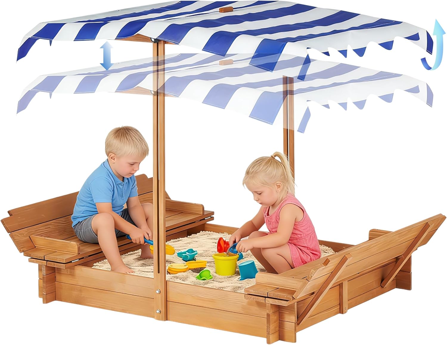 Kids Wooden Sandbox with Adjustable Cover, 46" Sand Box with 2 Foldable Bench Seats, Outdoor Sandpit with Lid for Backyard, Garden, Beach & Patio(46 Inch)