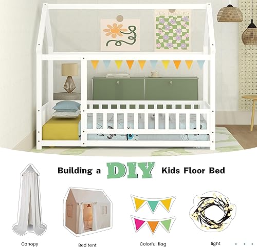 Miniatura 4 de Bellemave Cama Montessori de madera con valla y techo para niños, marco de cama individual para niños, niñas (individual, blanco)