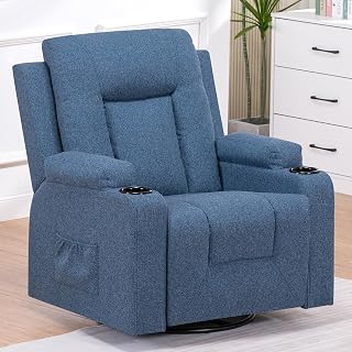 COMHOMA Relaxsessel aus Stoff für Wohnzimmer mit Manuell Verstellbarer Rückenlehne, Ausziehbarer Fußstütze, 360° Drehfunktion, Becherhaltern, Seitentaschen und Ergonomischem Design, Blau