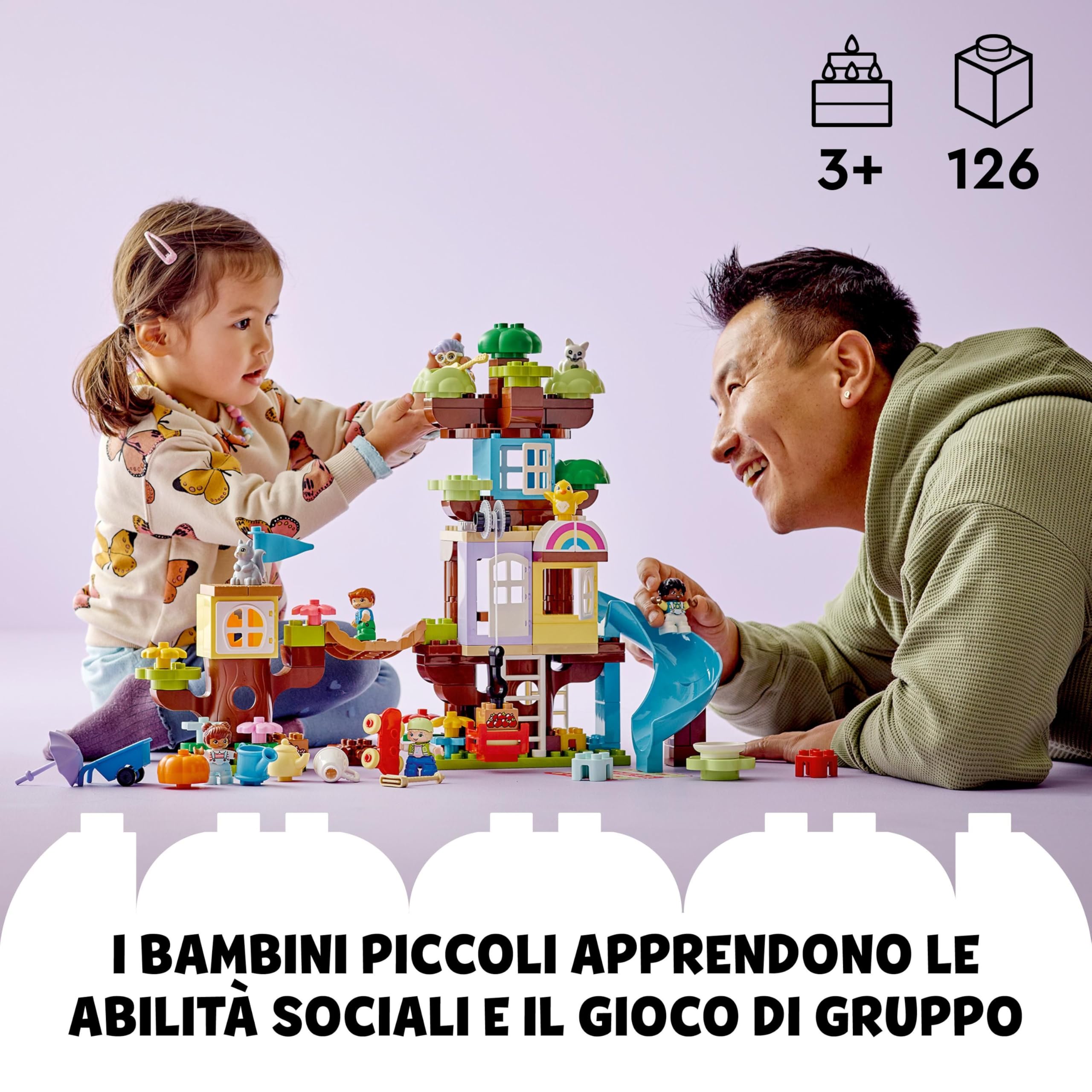 LEGO 10993 DUPLO Casa sull’Albero 3 in 1, Giochi per Bambini, Bambine dai 3 Anni in su, Attività Didattiche con 4 Figure della Famiglia, Animali Giocattolo, Mattoncini e uno Scivolo
