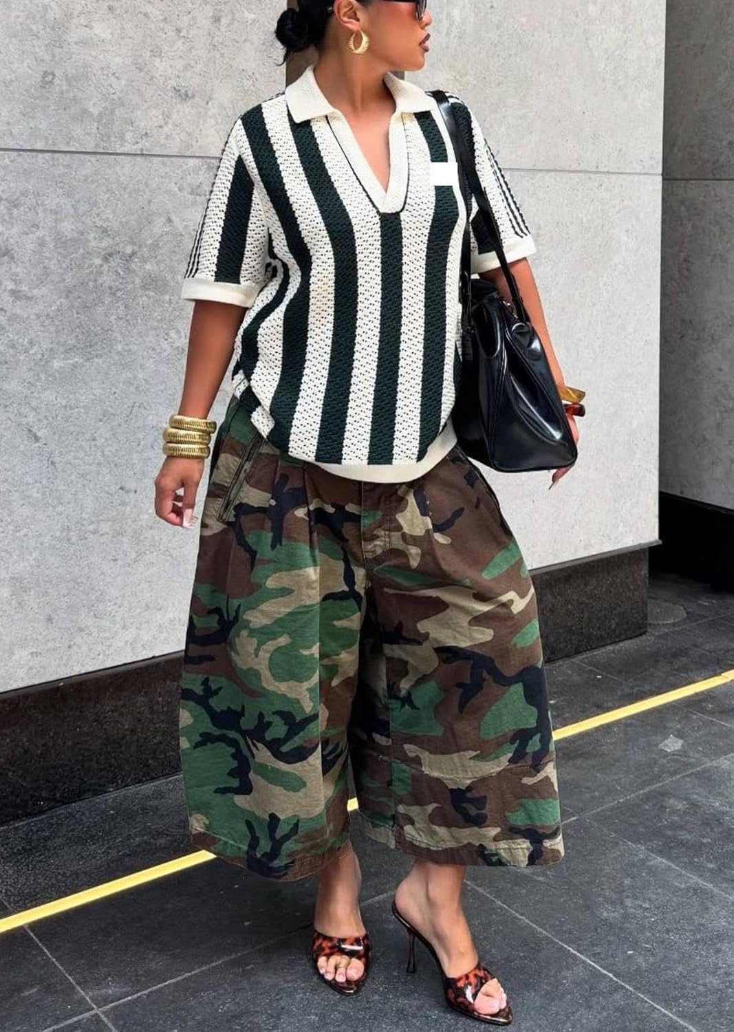 Women's Barrel Camo Pants High Waisted Wide Leg Peated Palazzo Camouflage Capris Baggy Y2k Army Fatigue Trousers