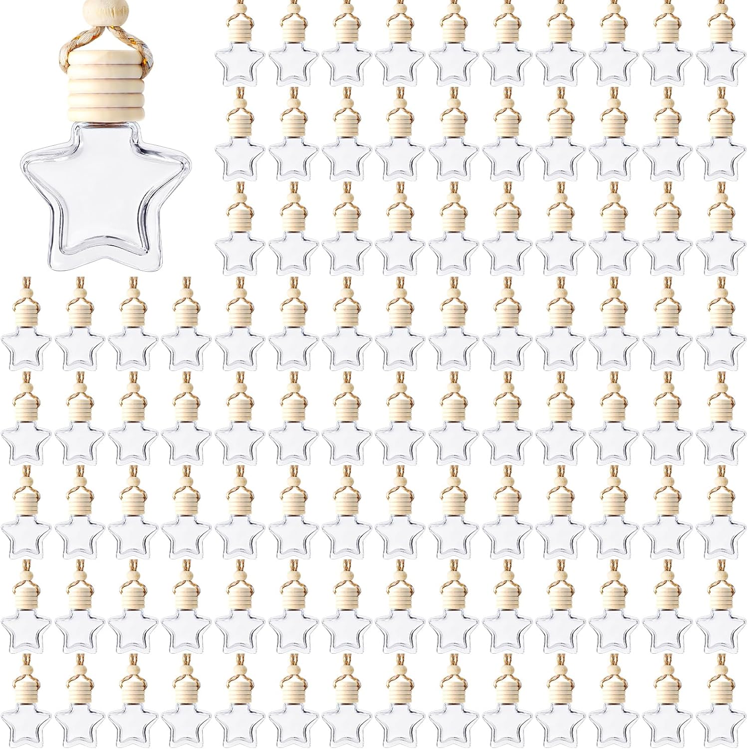 BBTO 100 Pcs Car Air Fresheners Diffuser with Wooden Cap Empty Aromatherapy Diffuser Clear Car Fragrance Holder Pendant Hanging Perfume Fresheners Bottles for Decor(Star,Clear)