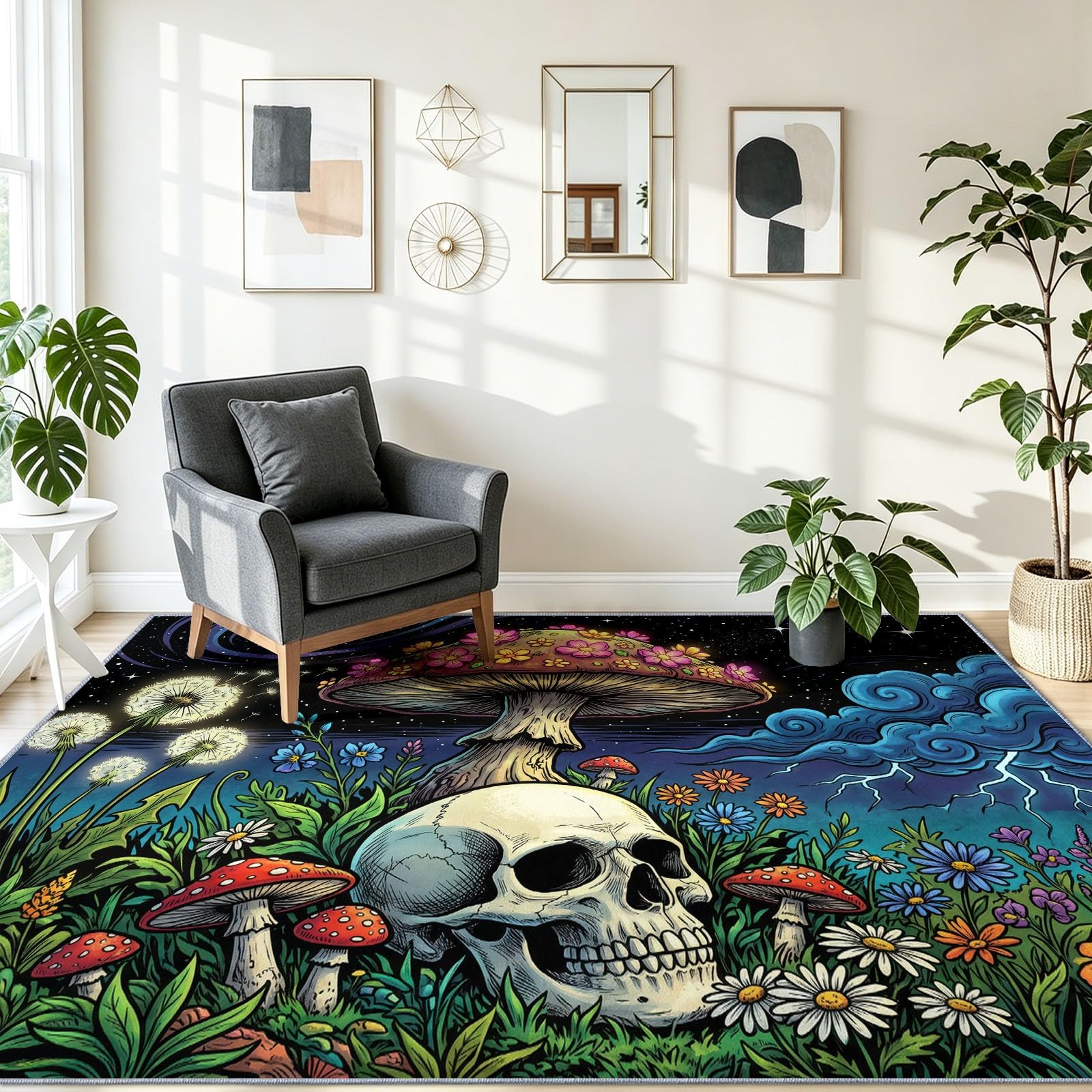Tapis de Sol Jardin Gothique - Lavable en Machine Antidérapant Tapis à Poils Courts - Crâne Champignon Fleur Sauvage - Doux Moquette pour Chambre Salon Salle a Manger Bureau Bleu Vert 90x150 cm