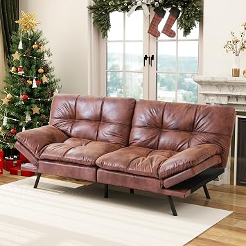 MUUEGM Futon Couch with 71" Adjustable, High Density Memory Foam Futon Sofa Bed, Modern Design Sofa Bed for Living Room Sleeping and RelaxingLeather Brown
