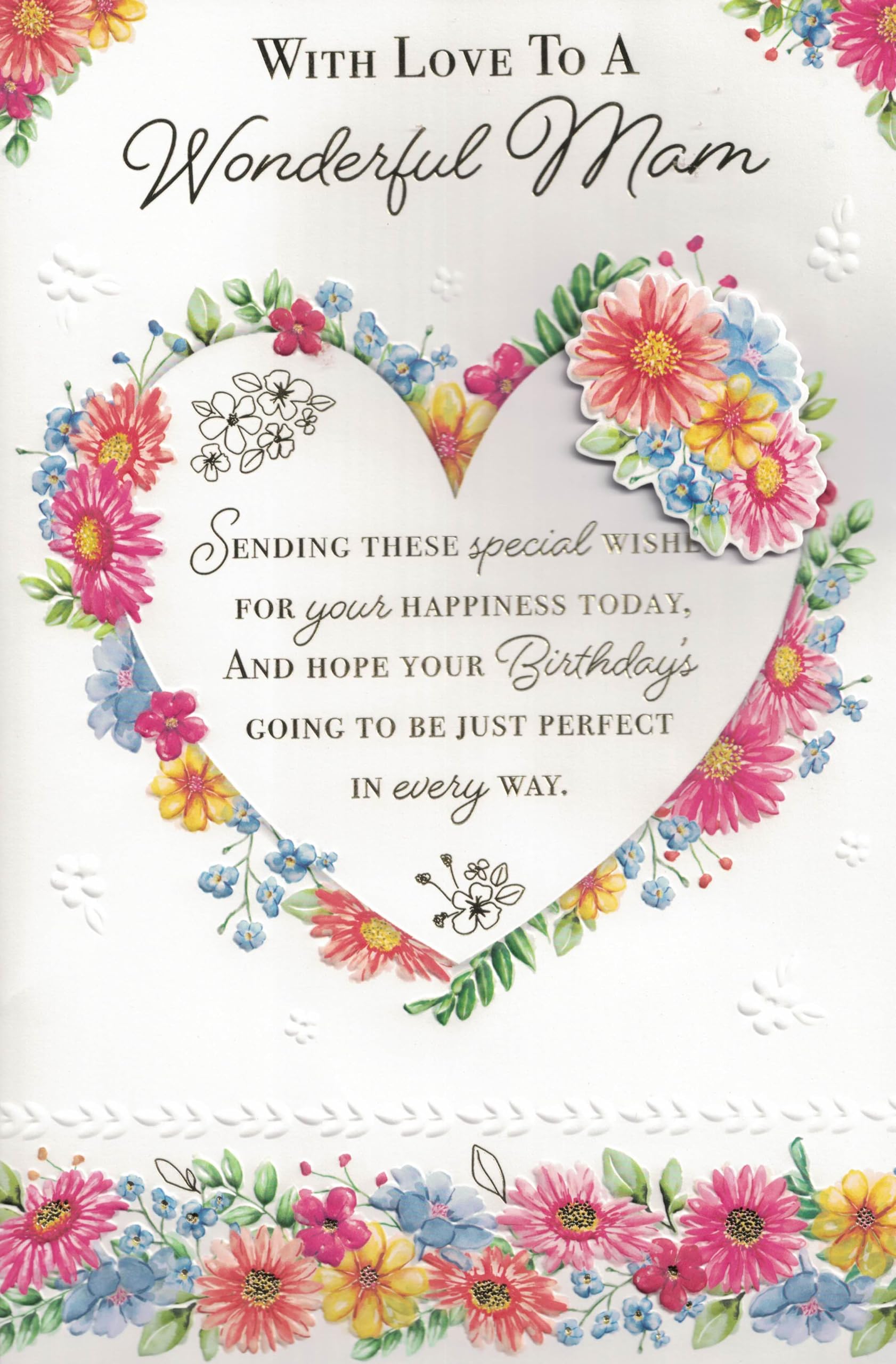 Mam Birthday Card, Large 30.5 x 20.3 cm Floral Design with Heart, 8 Page Insert, for Wonderful Mam from Daughter or Son