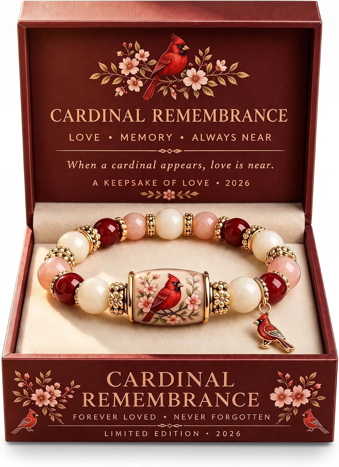 Cardinal Remembrance Beaded Bracelet in Gift Box, 2026 Memorial Keepsake Jewelry for Women, Red Pink Gold-Tone Bird Charm Sympathy Gift
