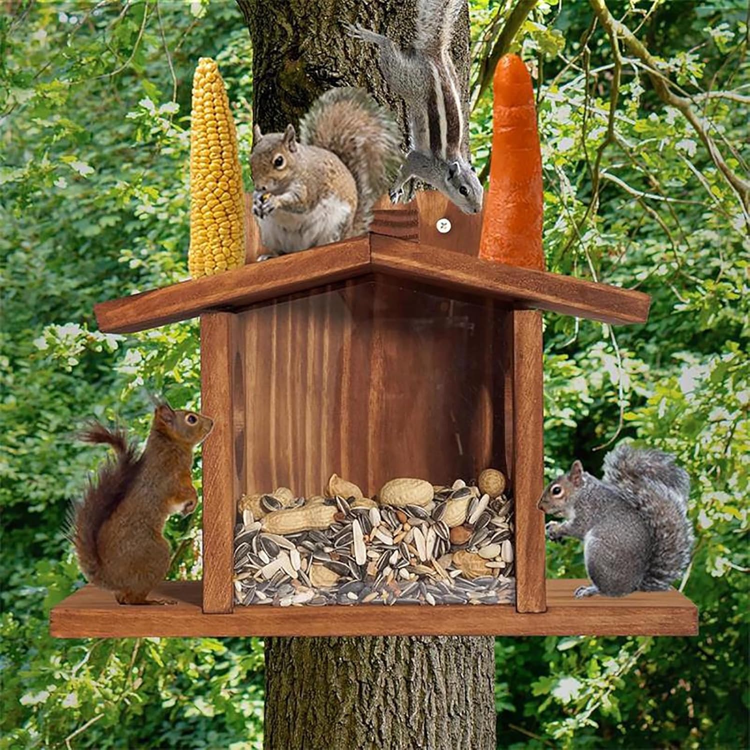 NEONMAN Squirrel Feeder, Wooden Squirrel Feeder House Squirrel Feeding Station, Save Time and Effort Large Capacity Save Feed Stable and Durable, Suitable for Gardens