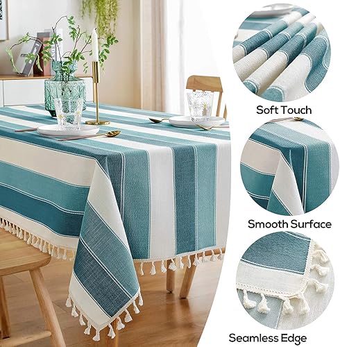 Miniatura 2 de AmHoo Mantel rectangular de tela de lino y algodón con borlas a rayas para mesa de cocina, comedor, 55 x 70 pulgadas, color verde azulado