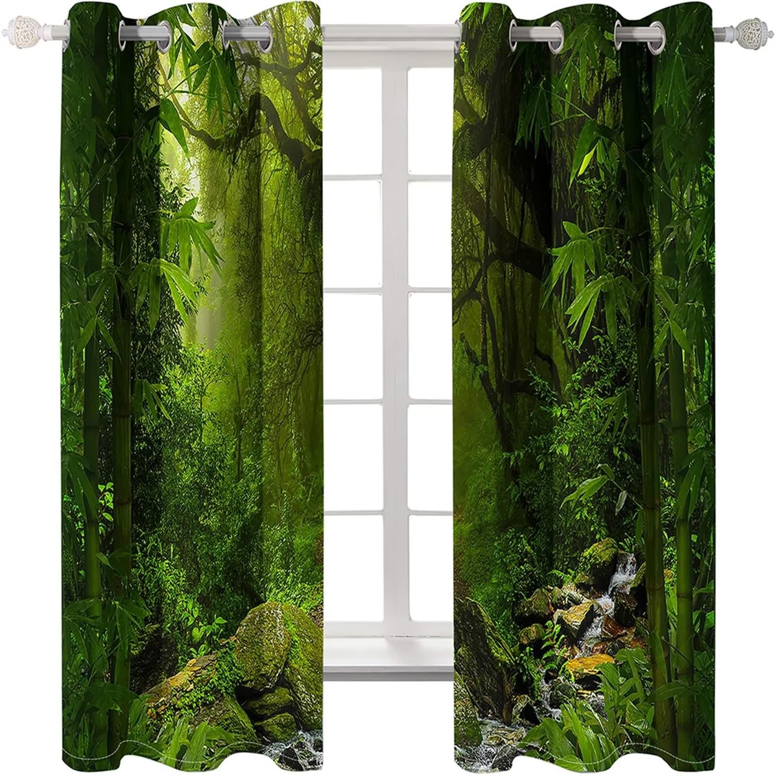 Verdunklungsvorhänge Vintage, Vorhänge Wohnzimmer Grün Polyester Dschungel Gardinen 2er Set B 107 x H 229 cm