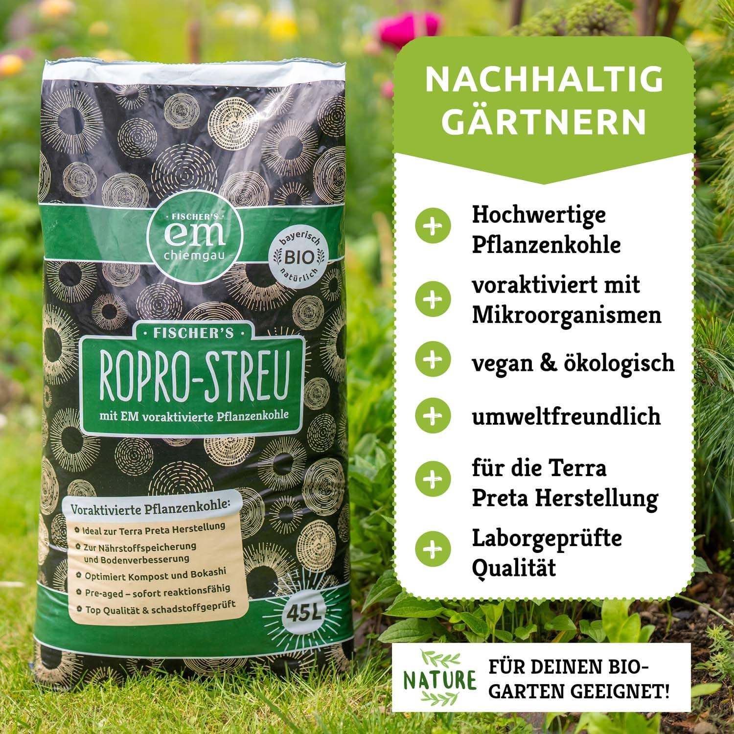 EM-Chiemgau RoPro-Streu 45 L Pflanzenkohle - Wurzelaktivator Bodenaktivator & Kompostbeschleuniger [Voraktiviert mit Effektiven Mikroorganismen] für Terra Preta, Bokashi, Humusaufbau, Garten & Stall