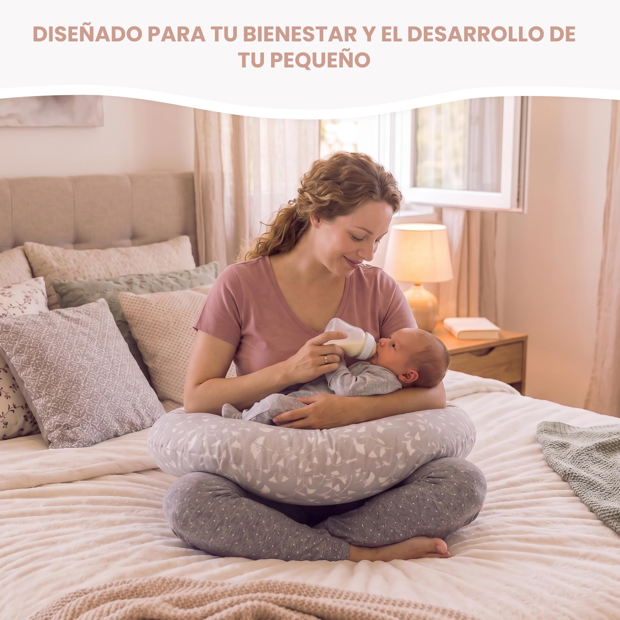 MIMUSELINA Cojin Lactancia y Embarazo 100% Algodón | Extra Grande y Mullido | 200 x 70 cm | Almohada Embarazada, Lactancia y Nido de Bebé | Funda Desenfundable y Lavable | Gris con Flores