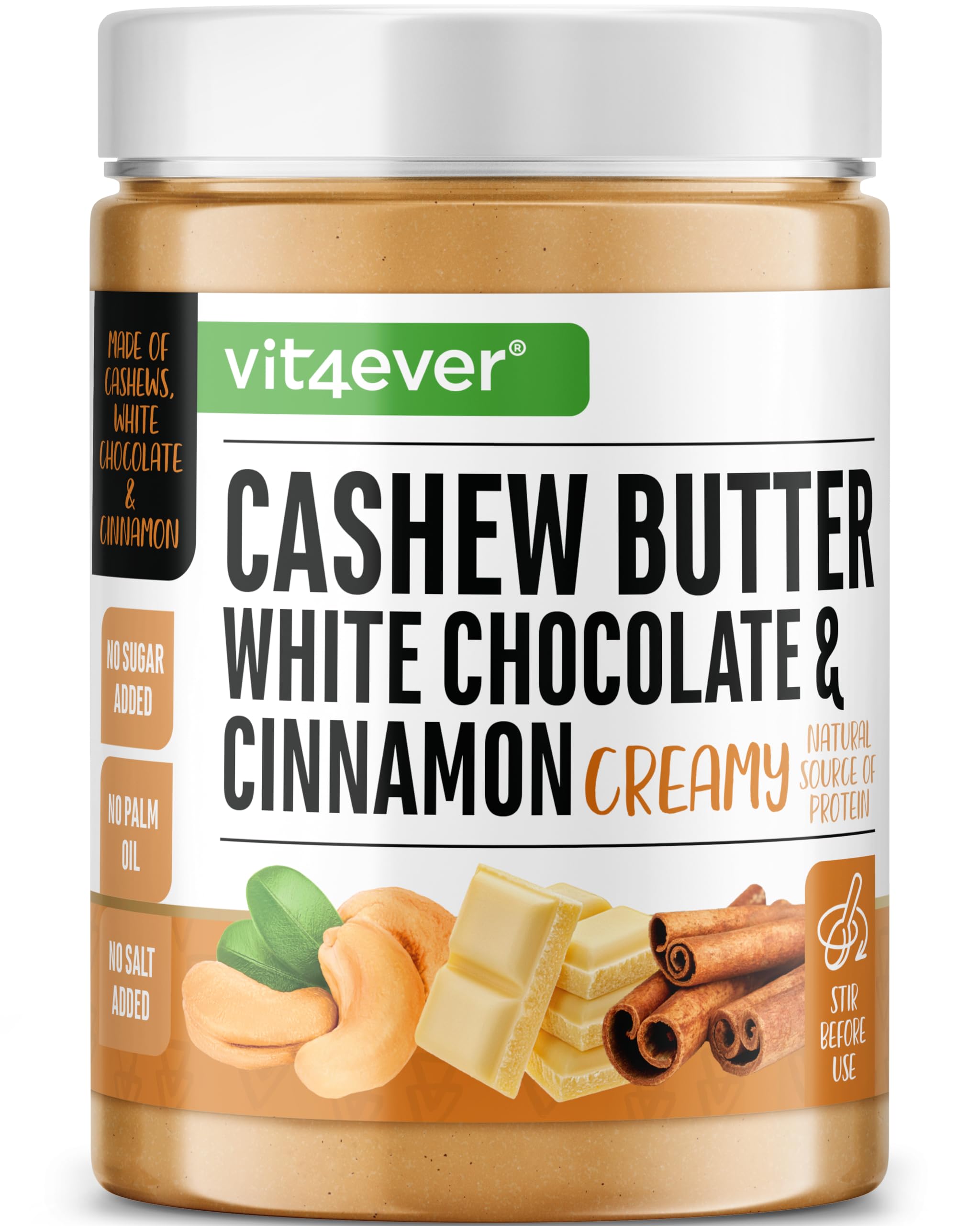 Cashewbutter mit weißer Schokolade & Zimt - 1kg natürliche Cashew Butter - Natürliche Proteinquelle - Cashewmus ohne Zusätze von Salz, Öl oder Palmfett, cremig, smooth | 82,3 % Cashews, ohne Zuckerzusatz & Palmöl, cremig-smooth