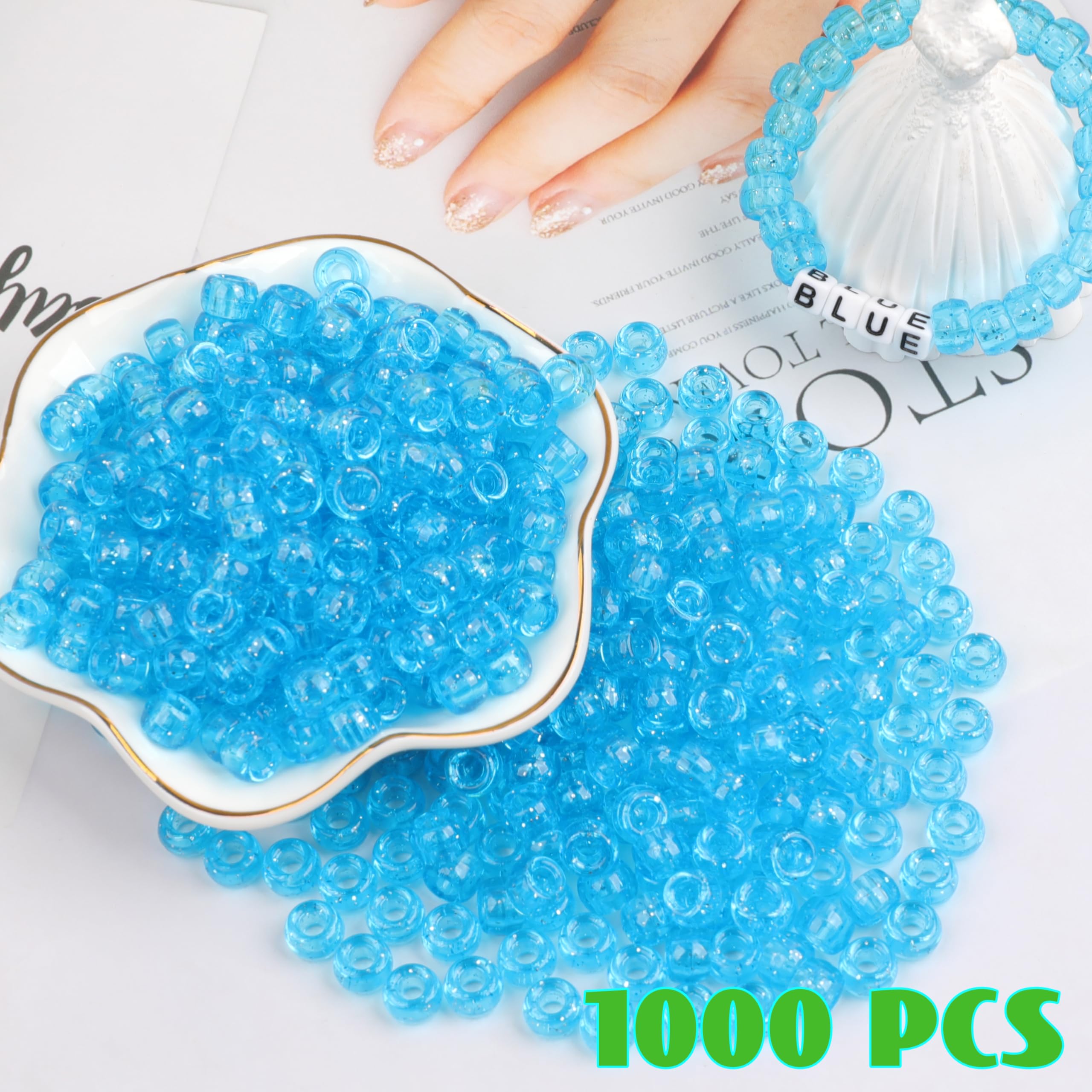 Auvoau 1000Pcs Pony Beads Bracelet 9mm Blue Glitter Plastic Barrel Pony Beads for Necklace,Hair Beads for Braids,Key Chain,Jewelry Making (Blue Glitter) - Image 3