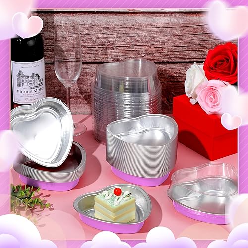 Miniatura 3 de Juego de 50 moldes para tartas con forma de corazón de 9 onzas para el día de San Valentín de 54 pulgadas de papel de aluminio con tapas desechables