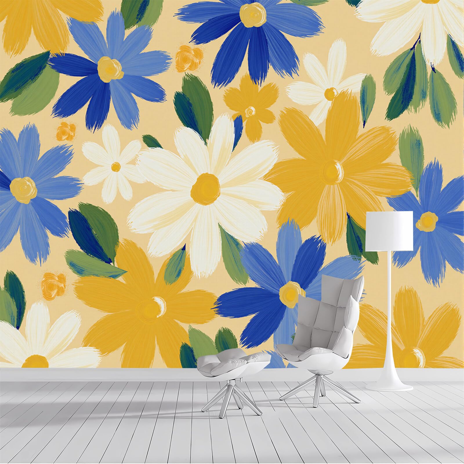 Papel pintado panorámico 3D seda flores margarita amarillas azul plantas ilustradas