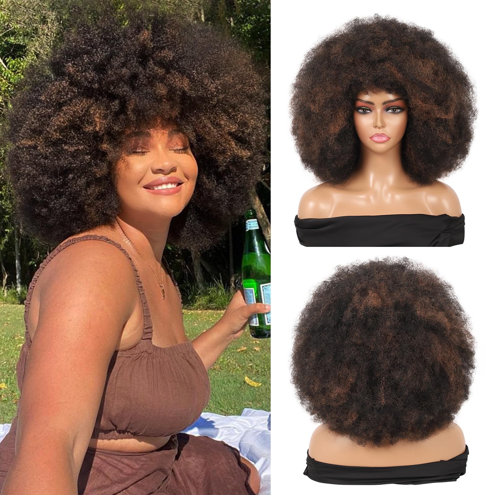 Kalyss 70s Disco Afro Wig - Kinky Curly Huge Fluffy Halloween Costume Black brown highlights