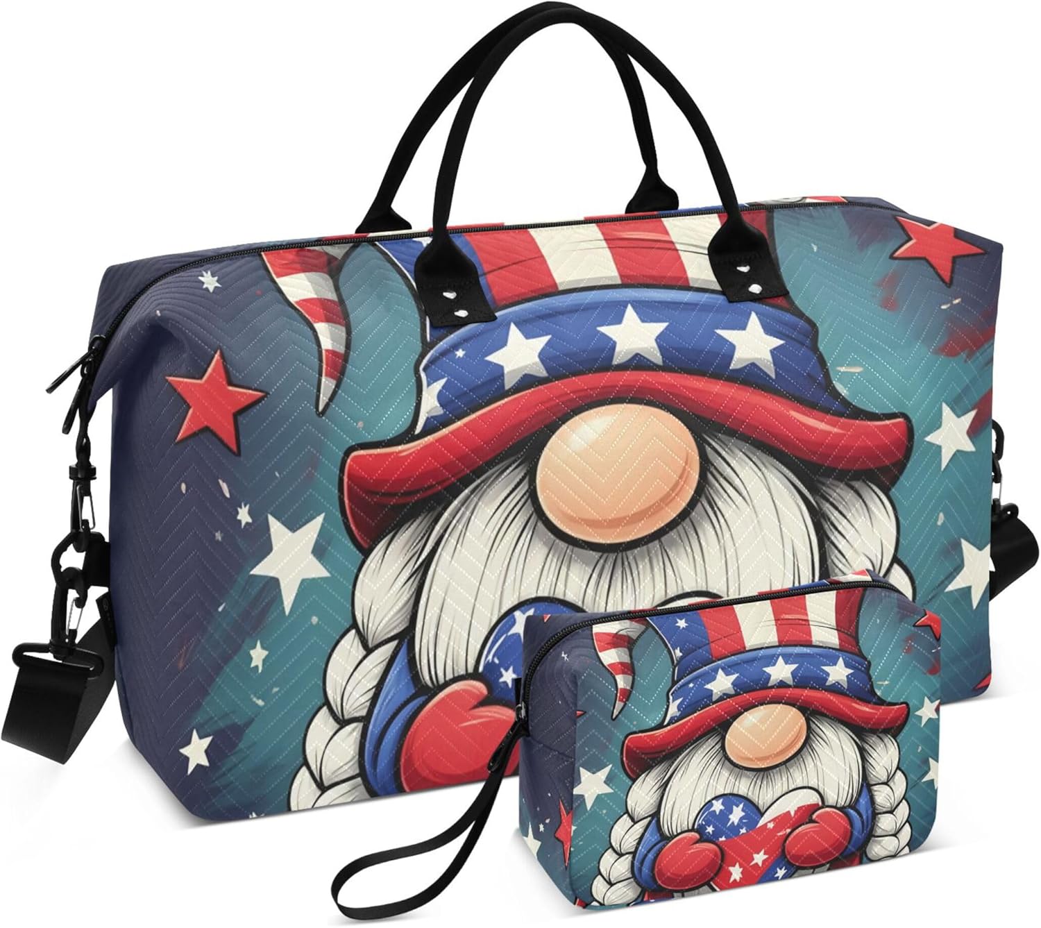 かわいいノームアメリカ国旗ダッフルバッグ 旅行&amp;メイクアップポーチ用 2個セット 装飾ジムダンスバッグ 一晩旅行バッグ