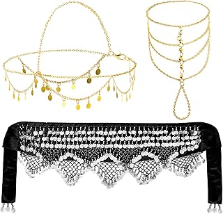 Women Gypsy Costume Accessories Gypsy Small Coins Headpiece Harness Bracelet and Bellydance Hip Scarf for Halloween